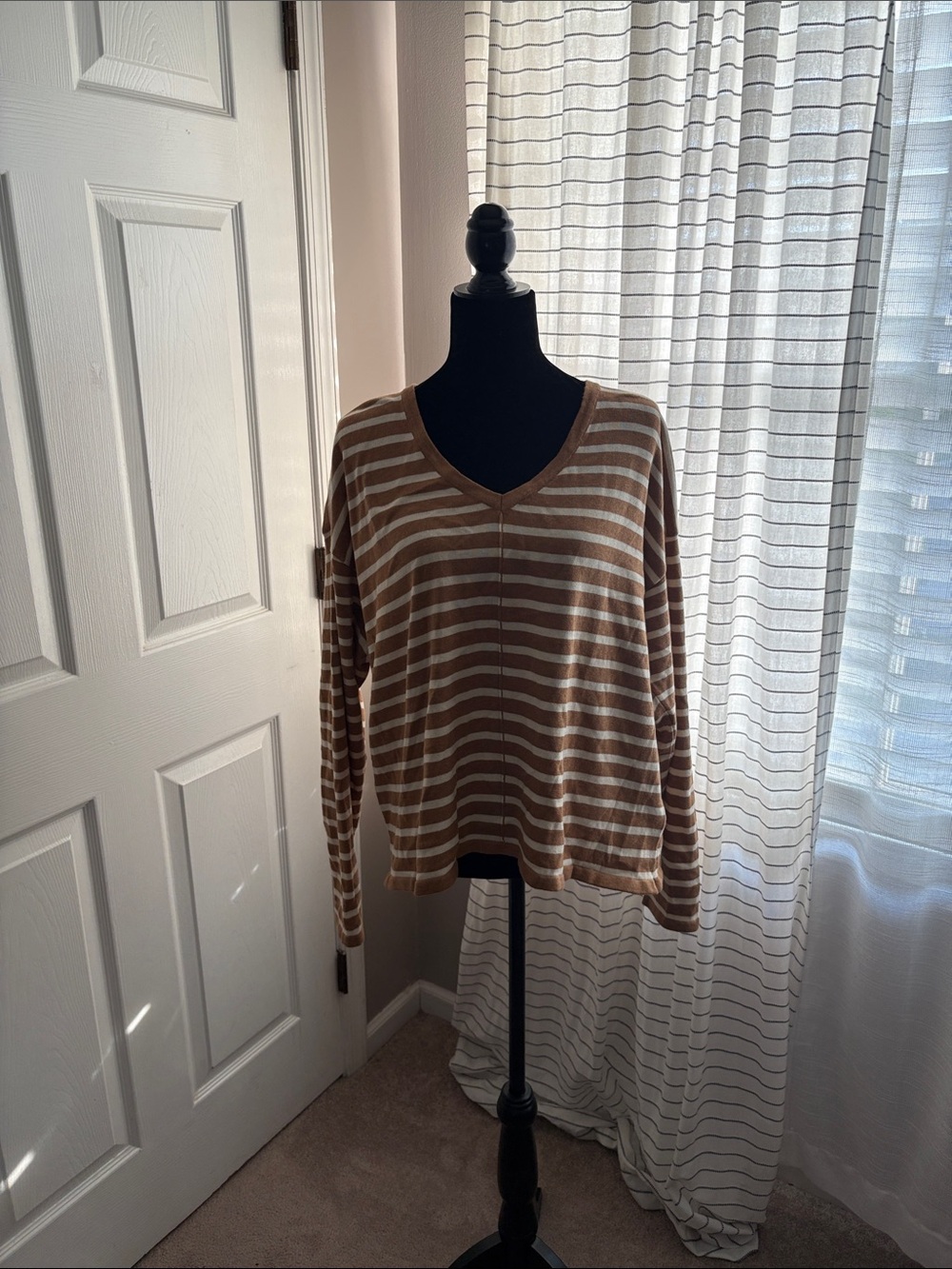 Pact Brown and Cream Striped V-Neck Sweatshirt